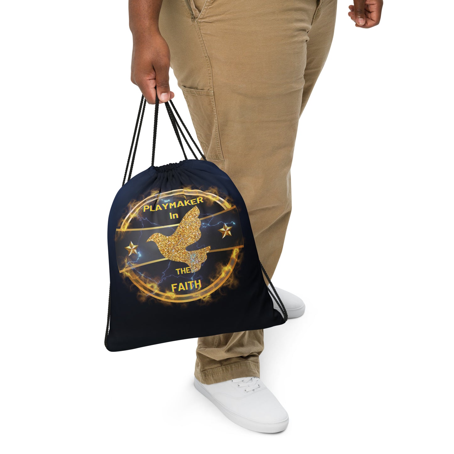 Playmaker In The Faith Fire Logo Shield Drawstring bag