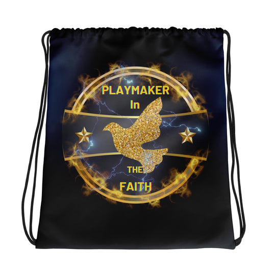 Playmaker In The Faith Fire Logo Shield Drawstring bag
