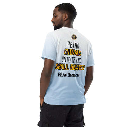 Light Blue Matt 24:13 Scripture Recycled unisex sports jersey